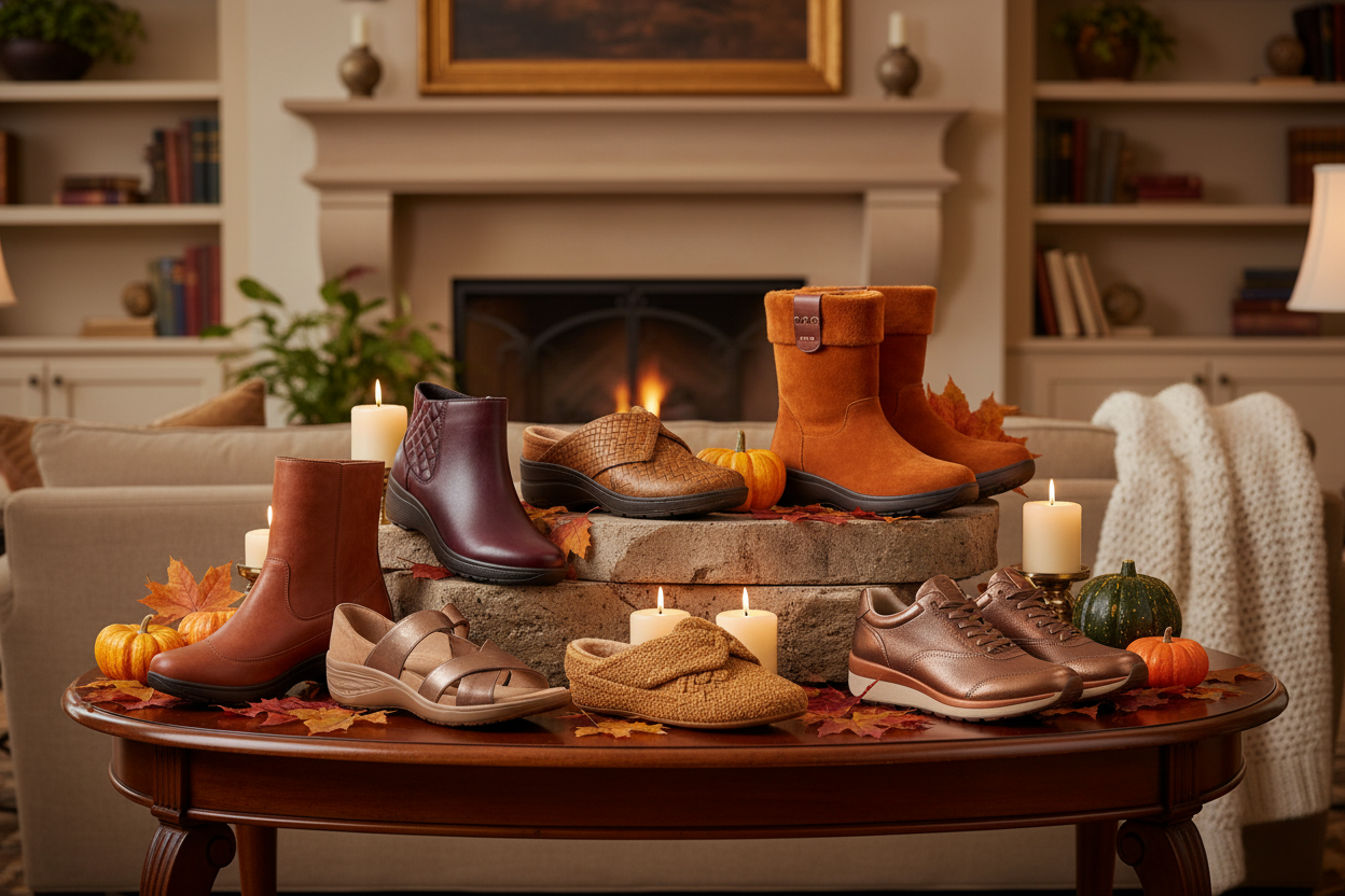 EEN luxe HERFTS ABEELDING MET ALLEMAAL VERSCHILLENDE SCHOENEN  EN laarzenen pantoffels... 