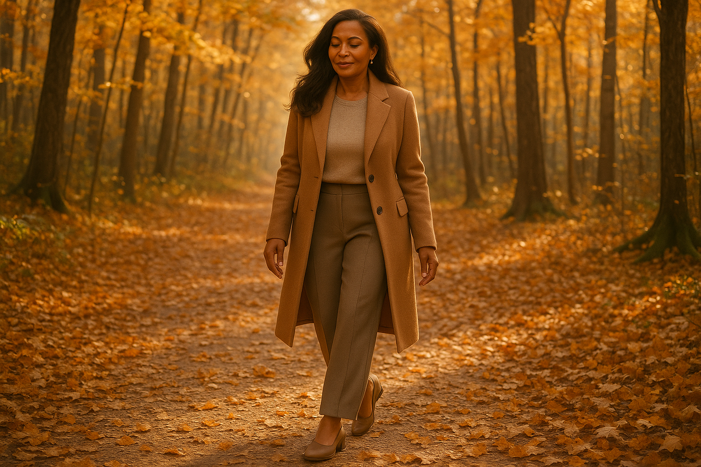  Een stijlvolle getinte moderne vrouw met bruin lang haar, (40+) die loopt door een goudgekleurd herfstbos of pad met bladeren. Subtiele focus op comfort & elegantie van haar schoenen. 👉 Straalt vrijheid, soulful comfort & herfstgevoel uit. 