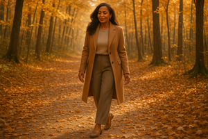  Een stijlvolle getinte moderne vrouw met bruin lang haar, (40+) die loopt door een goudgekleurd herfstbos of pad met bladeren. Subtiele focus op comfort & elegantie van haar schoenen. 👉 Straalt vrijheid, soulful comfort & herfstgevoel uit. 