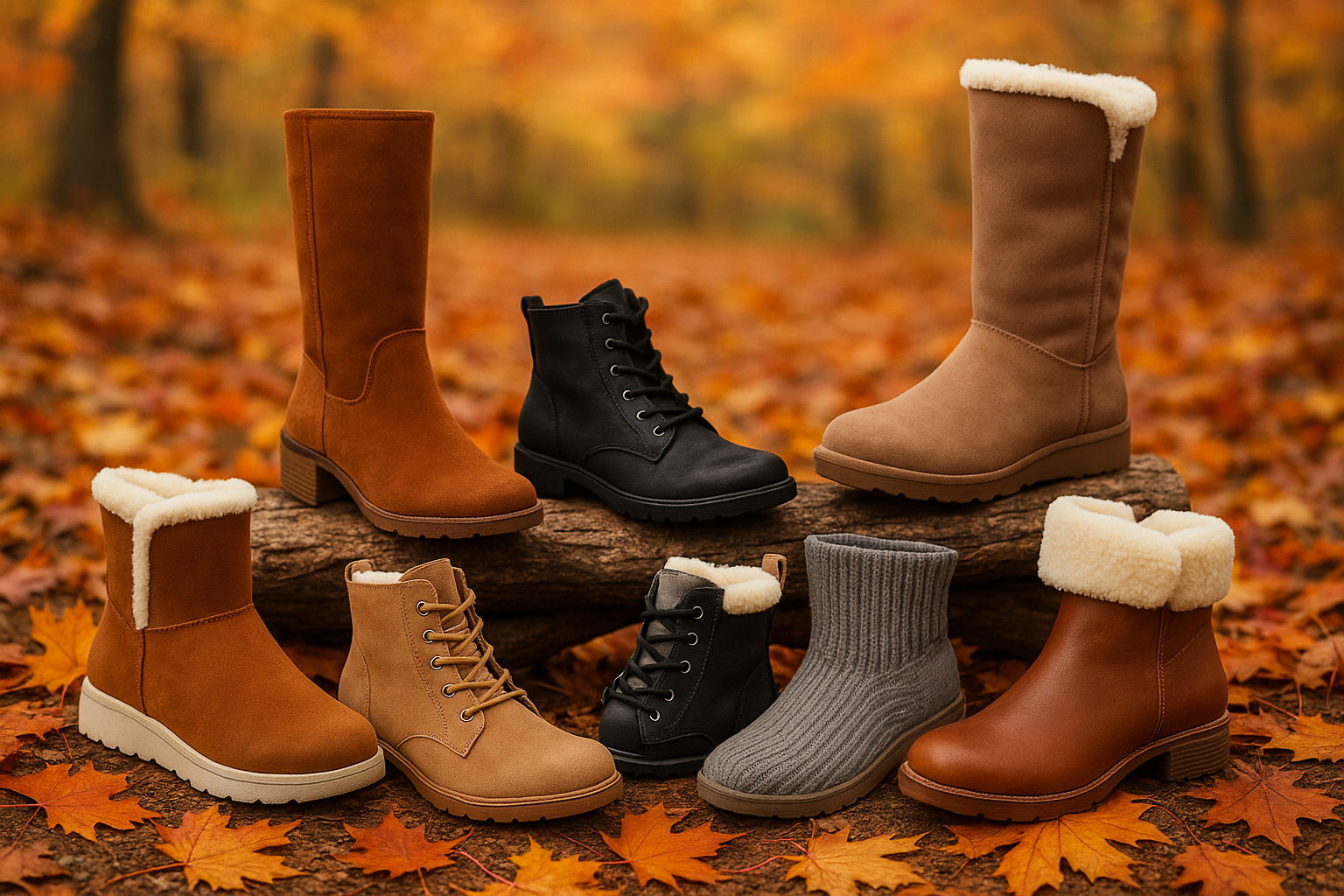 Maak cozy moderne dames winterboots in een herfst actige omgeving. allemaal verschillende.