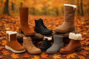 Maak cozy moderne dames winterboots in een herfst actige omgeving. allemaal verschillende.