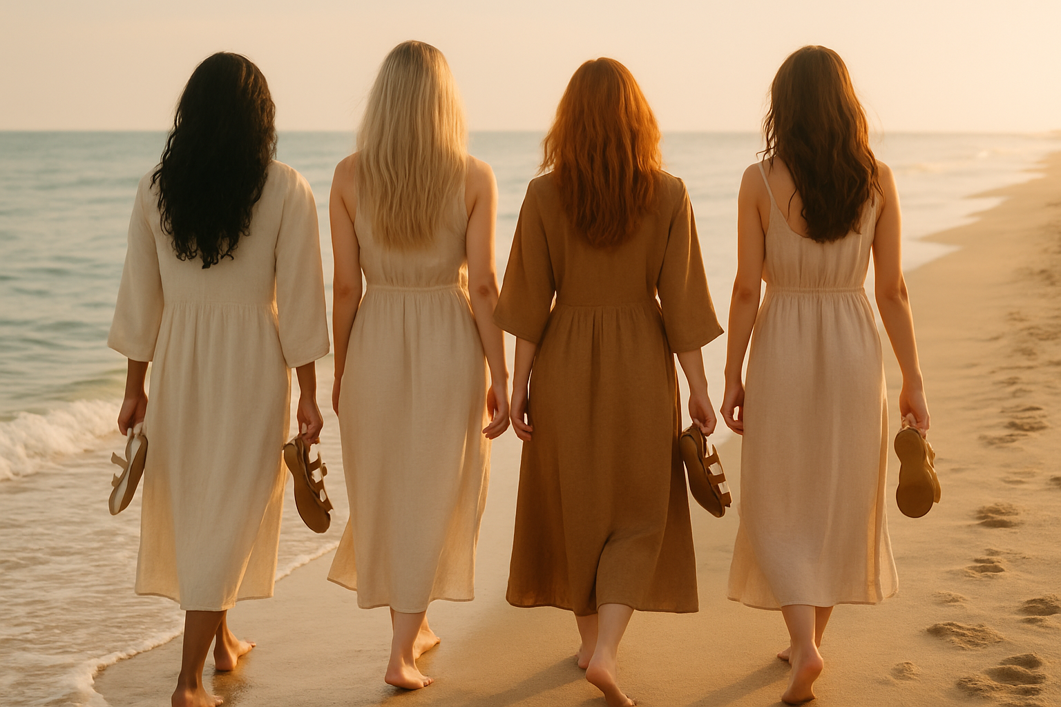 maak een afbeelding van de achterkant van 4 verschillende vrouwen, een met een getinte huidskleur en zwart haar, de ander blond, rood haar en een met bruin haar, lopend over het strand met linnen jurken aan en allemaal EEN paar sandalen in de hand. Lopend bij een zacht zonnetje. Beige / zand / camel / nude. Geen tekst op de afbeelding.  
