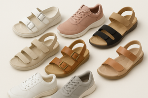 maak een moderne afbeelding van verschillende soorten orthopedische sandalen en verschillende soorten ortopedische sneakers naast elkaar.- Wit, oud roze,  Beige / Zwart/ zand / camel / Congac/ Licht grijs en nude