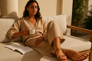 Maak een moderne dame met een zacht zonnetje op de veranda, in luchtige linnen kleding, met een kop koffie en een tijdschrift,  getinte huidkleur, ontspannen gezicht, close up van voeten met Exact dezelfde sandalen als die ik nu mee stuur met nude gelakte nagels.Beige / zand / camel / nude. Geen tekst op afbeelding!